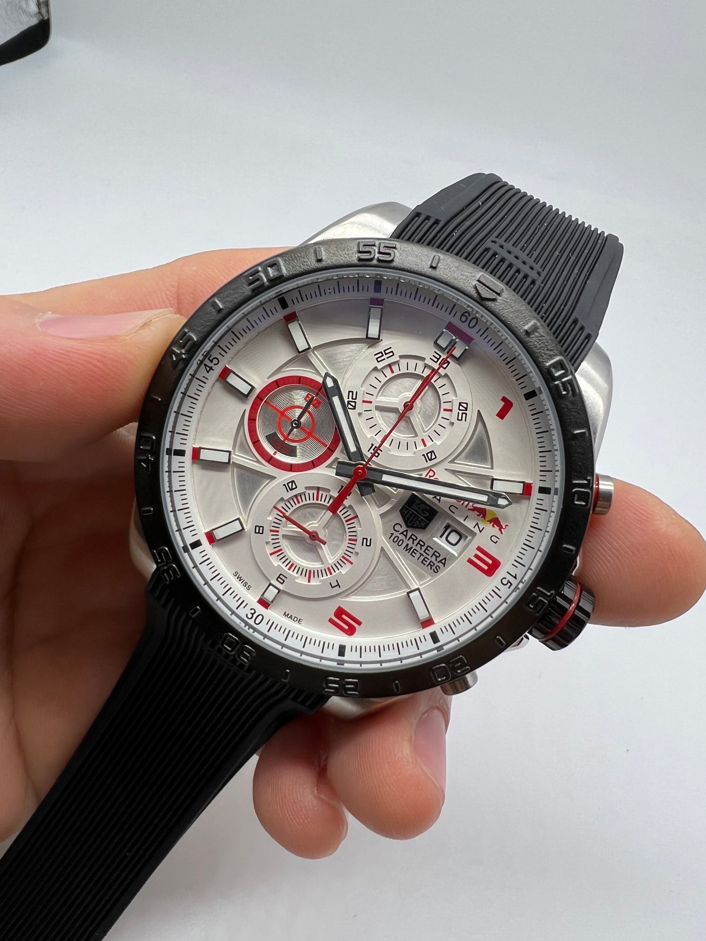 TAG Heuer Carrera Red Bull Racing Special Edition 100M Black and White with Red Details and Black Rubber Strap