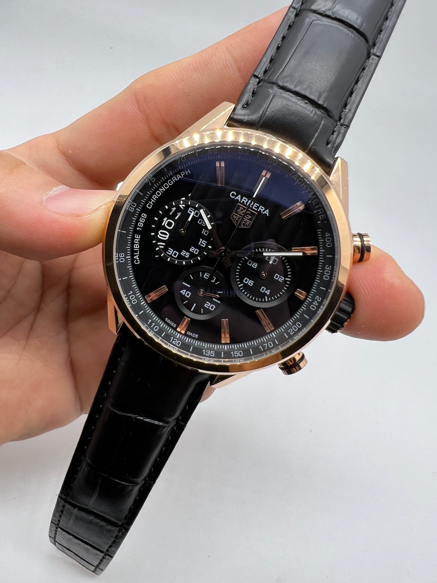 TAG Heuer Carrera Calibre 1969 Chronograph Rose Gold / Black Alligator Strap